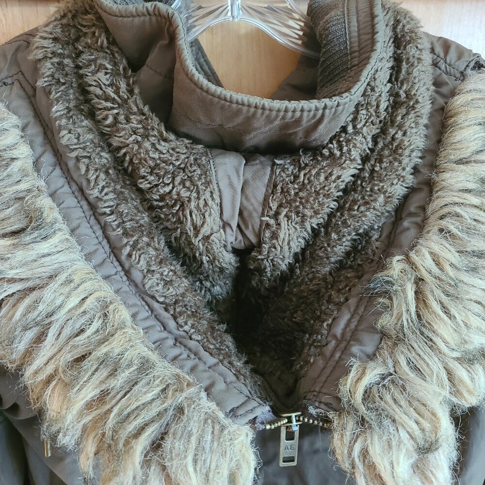 American Eagle Y2K Army Green Military Parka‎ Jacket Faux Fur Hood Sherpa MEDIUM - Picture 6 of 14